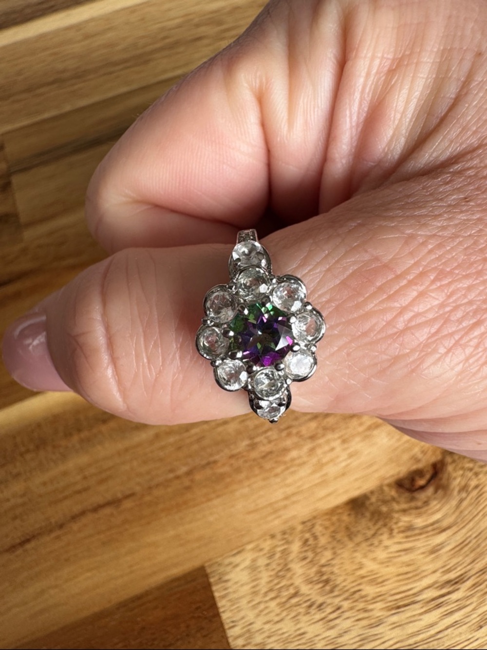 Silver-Tone Flower Ring with Purple Center and Clear Accents